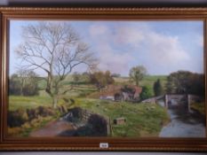 TONY WOODING oil on canvas - peaceful rural scene with farmstead, river, bridge and grazing sheep,