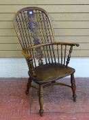 A GOOD ELM & YEW WOOD WINDSOR ARMCHAIR, tall spindle and pierced splatback with crinoline stretcher,
