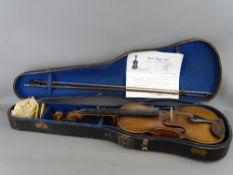 A 19th CENTURY VIOLIN & BOW in a fitted case, interior label reads 'Copy of John Baptiste