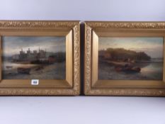 EMIL AXEL KRAUSE oils on canvas, a pair - early Conwy Harbour/Castle scenes with figures and boats
