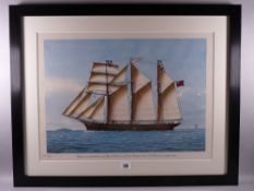 A COLOURED PRINT - titled 'Threemasted Schooner, David Morris of Porthmadog, John O Morris, Master