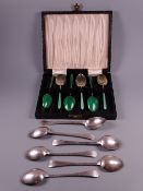 A CASED SET OF SIX SILVER & GREEN ENAMEL COFFEE SPOONS, Birmingham mixed dates by William Suckling