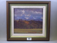 DAVID WOODFORD oil on board - mountain landscape entitled verso 'Mynyddoedd Eryri o Fon', 17.5 x