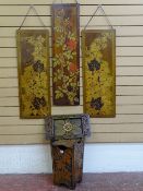 AN ARTS & CRAFTS STAINED POKERWORK WASTEPAPER BIN, a two handled tray and three floral decorated