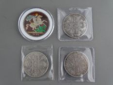 AN 1890 SILVER CROWN, enamel on George & Dragon side, 27 grms and three double silver florins