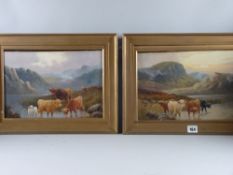 JOEL OWEN oils on canvas, a pair - Highland lake scenes with grazing Highland cattle and calves,