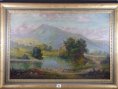 J W WALKER oil on canvas - mountain landscape with winding river and figure with dog on a track,
