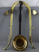 A PERIOD BRASS LONG HANDLED PAN and a good pair of antique brass heavy horse hames