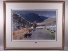 KEITH BOWEN coloured limited edition (79/200) pastel print - farmer with his two sheepdogs leading