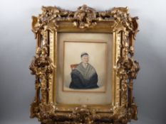 A 19th CENTURY WATERCOLOUR STUDY - elderly woman, titled verso 'The Great Great Grandmother of Hilda