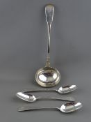 THREE GEORGE III SCOTTISH SILVER SERVING SPOONS and a large soup ladle, Edinburgh 1786 and London