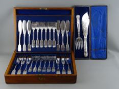 FISH SERVERS, a fine quality mahogany encased set of EIGHTEEN all metal electroplated fiddle pattern