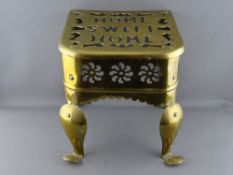 A VICTORIAN BRASS 'HOME SWEET HOME' FOOTMAN, 33.5 cms high