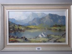 CHARLES WYATT WARREN oil on board - lake scene with, probably Cader Idris in the background and