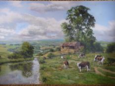TONY WOODING oil on canvas - fine rural scene with haybarn and grazing Hereford Cattle, signed, 60 x