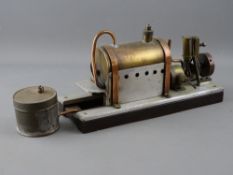 A SCRATCH BUILT LIVE STEAM HORIZONTAL STATIONARY ENGINE, 33 cms long overall, burner and tank in