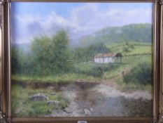 TONY WOODING oil on canvas - peaceful rural scene with old haybarn and sheep, 40 x 50 cms