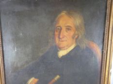 OIL ON CANVAS - portrait of a seated Georgian gentleman with cane in hand, 77 x 55 cms