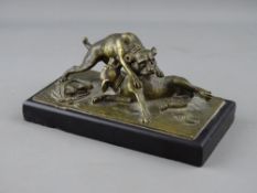 A CAST BRONZE OF TWO DOGS FIGHTING over a wrap of meat, possibly French, 19th Century, mounted on