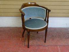 AN EDWARDIAN INLAID MAHOGANY TUB CHAIR, 79.5 cms high, 56 cms wide, 56 cms deep