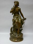A FRENCH BRONZE STATUE by Hippolyte Moreau modelled as a pensive young girl seated on a stump with