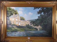 TONY WOODING oil on canvas - Beddgelert river and bridge with roadside dwellings, signed and dated