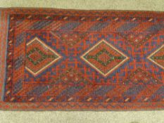 Meshwani carpet runner, blue ground with repeating central diamond pattern and multiple bordered