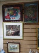 Oil on board - mountain and lake scene, still life, oil on board - dry stone wall and tree etc