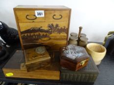 Miniature Oriental inlaid chest of drawers, four further inlaid and other boxes, a treen set of