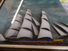 Vintage cased ship diorama depicting a threemasted clipper in full sail with other boats including a