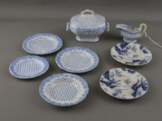 Child's miniature pottery part dinner service and two further blue and white plates, early dates