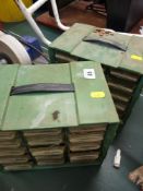 Two multi-drawer chests containing various fixings, a red plastic tub of hand tools, hammers,