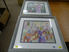 H CONNELLY two acrylic studies of people amongst flowers