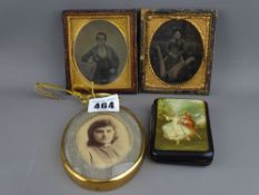 Two deguerriotype photographs in frames, vintage cigarette case and contents etc
