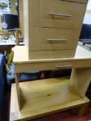Oak low coffee table, a modern veneered single drawer hall table and three drawer bedside chest