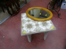 Small white painted tiled top coffee table and an oval pine framed mirror