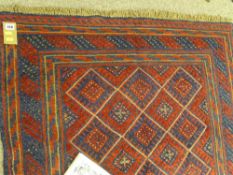 Cazak rug, red and blue ground block diamond pattern with multiple bordered edge, 120 x 115.5 cms