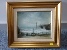 GWYNETH TOMOS oil on board - stormy shoreline with moored boats, 25 x 18 cms