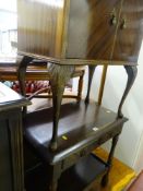 Dark wood hall table with two small drawers and iron ring handles with lower shelf and a small two