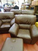 Brown faux leather three piece lounge suite