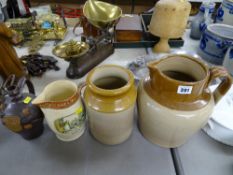Large stoneware jug and a honeypot, an Adams jug with Dickens detail and a German style wine jug