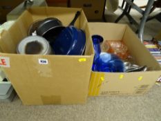 Box of cooking pans and a quantity of colourful glass etc