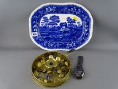 Copeland 'Spode's Tower' blue and white platter, an antique brass candleholder, a quantity of Navy