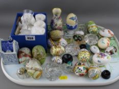 Collection of modern enamel and other collectable eggs, small glass salts and a boxed set of six