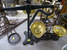 Set of vintage cast iron and brass kitchen scales along with a beam type set of scales (incomplete)