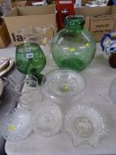 Vintage green carboy, an oversized glass water jug, a selection of various bowls etc