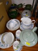 Quantity of pottery soup cups and a small lidded saucepan, a Colclough part teaset etc