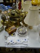 Brass oil lamp, large brass tray, other brassware, electroplate, treen ware, linen, table lamps etc