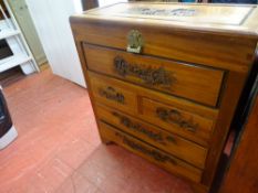Oriental camphorwood lidded chest on four drawer base with lock and key