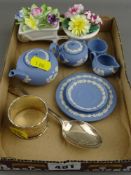 Silver spoon and napkin ring, a miniature Wedgwood Jasperware teaset etc